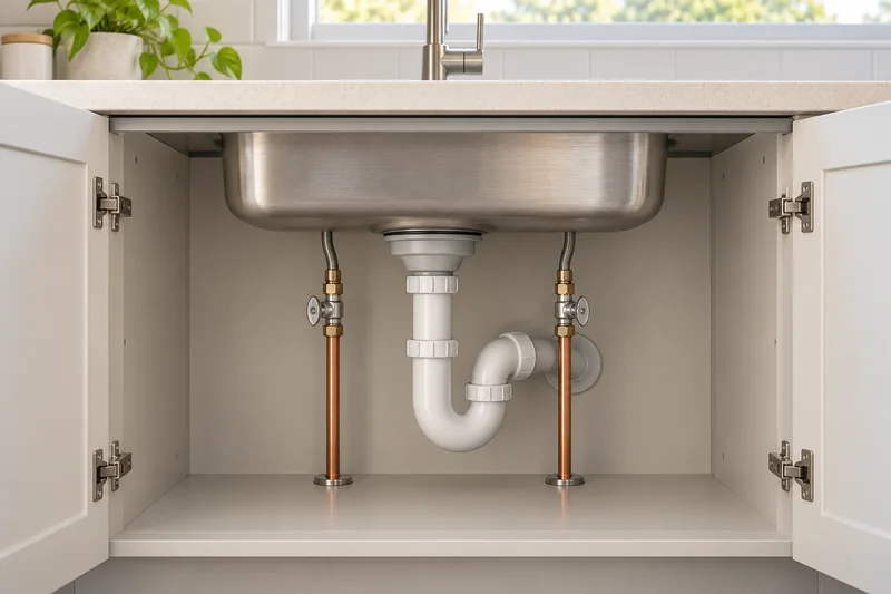 Illustration of pipework and a waste trap beneath a sink