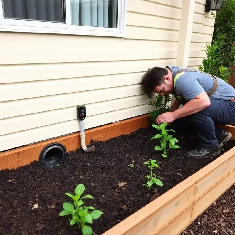 Person inspecting a garden bed beside a weatherboard wall