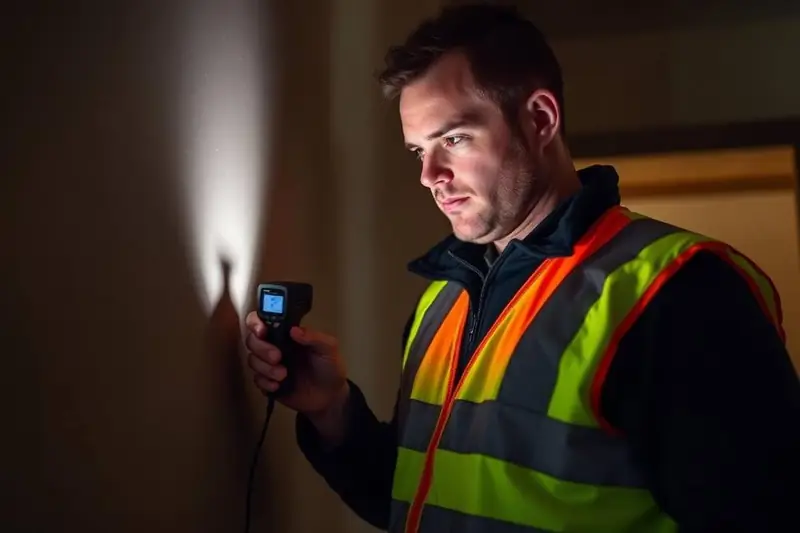 Inspector assessing a wall with a moisture meter