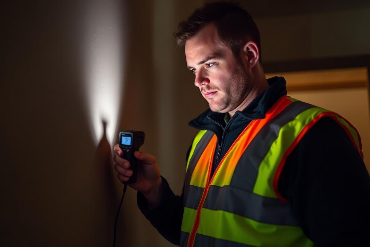 Technician using a moisture meter against an interior wall