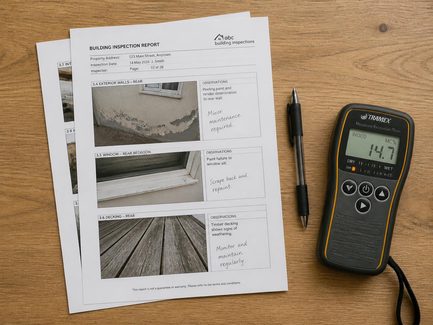 Printed inspection report pages beside a moisture meter