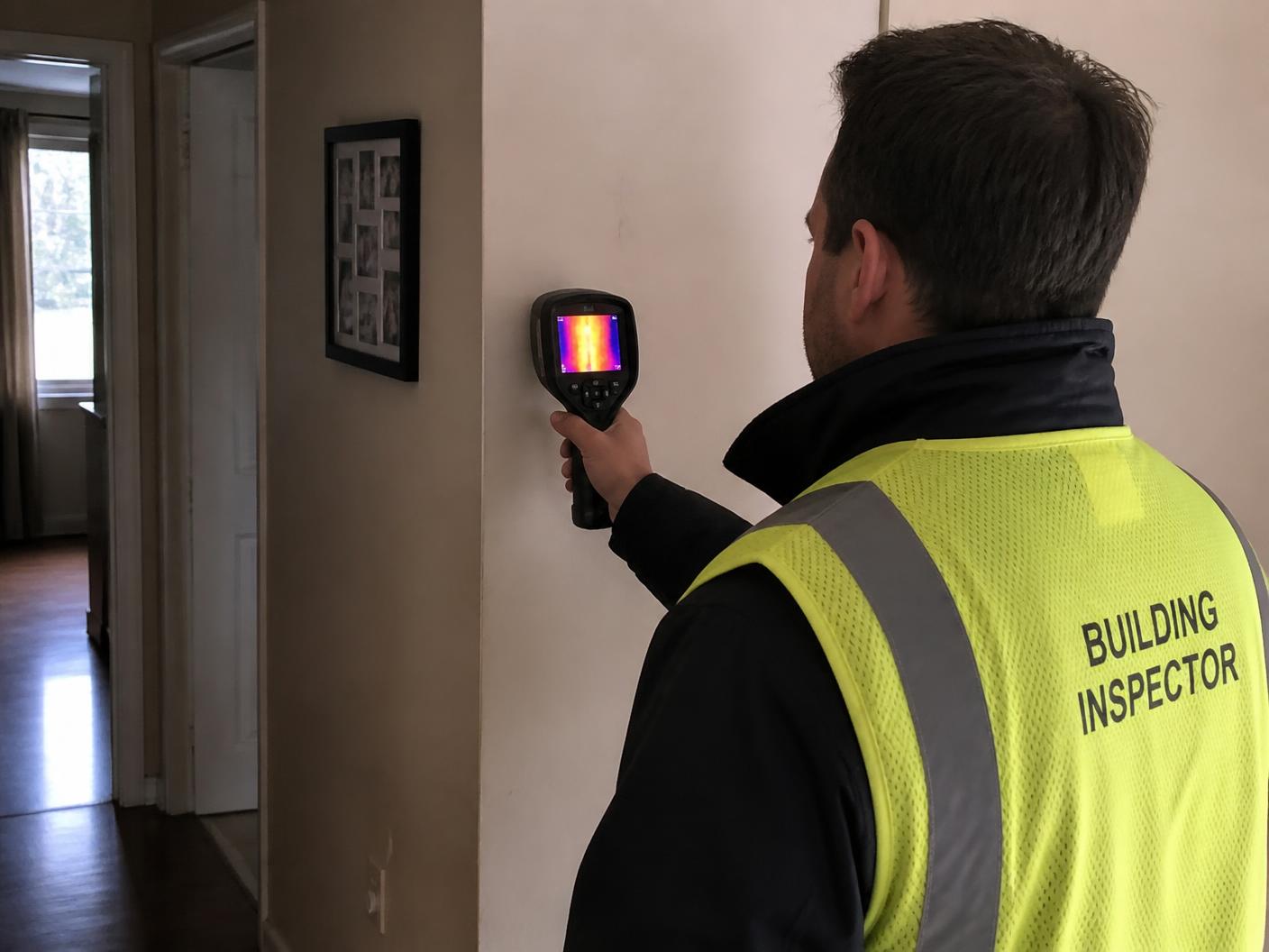 Technician scanning an interior wall with a thermal imaging camera